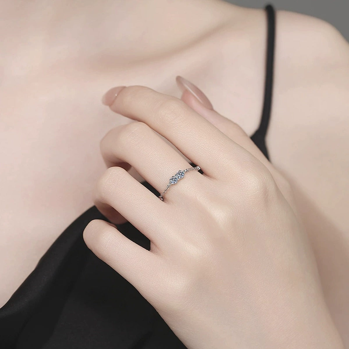 Two stone Moissanite Band Ring in White Gold-Plated S925 Sterling Silver worn by model