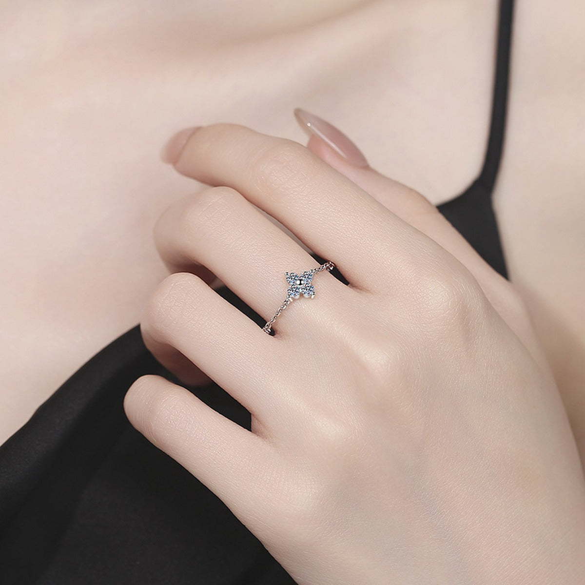 Cross Floral Moissanite Ring in White Gold-Plated S925 Sterling Silver worn by model