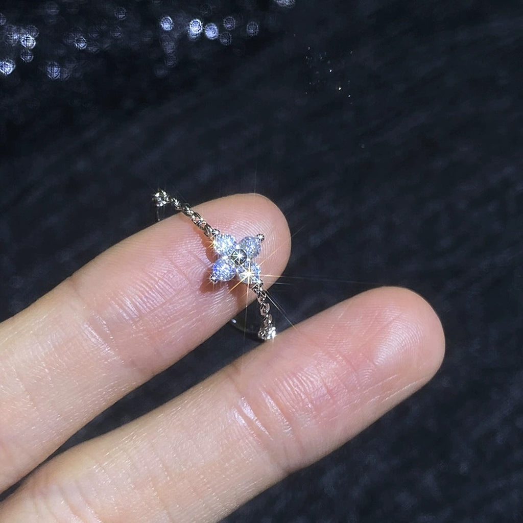 Cross Floral Moissanite Ring in White Gold-Plated S925 Sterling Silver worn by model