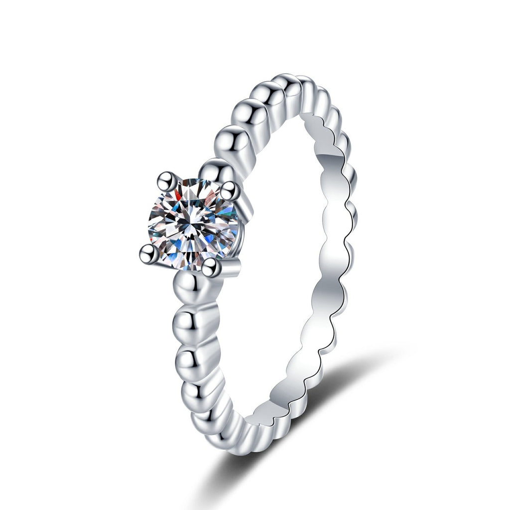 Beaded Moissanite Band Ring in White Gold-Plated S925 Sterling Silver white background product image