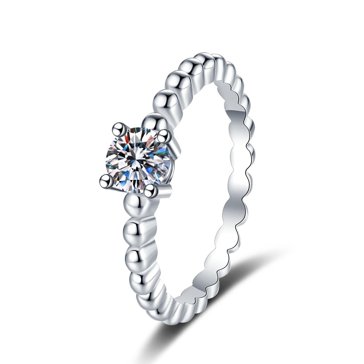 Beaded Moissanite Band Ring in White Gold-Plated S925 Sterling Silver white background product image