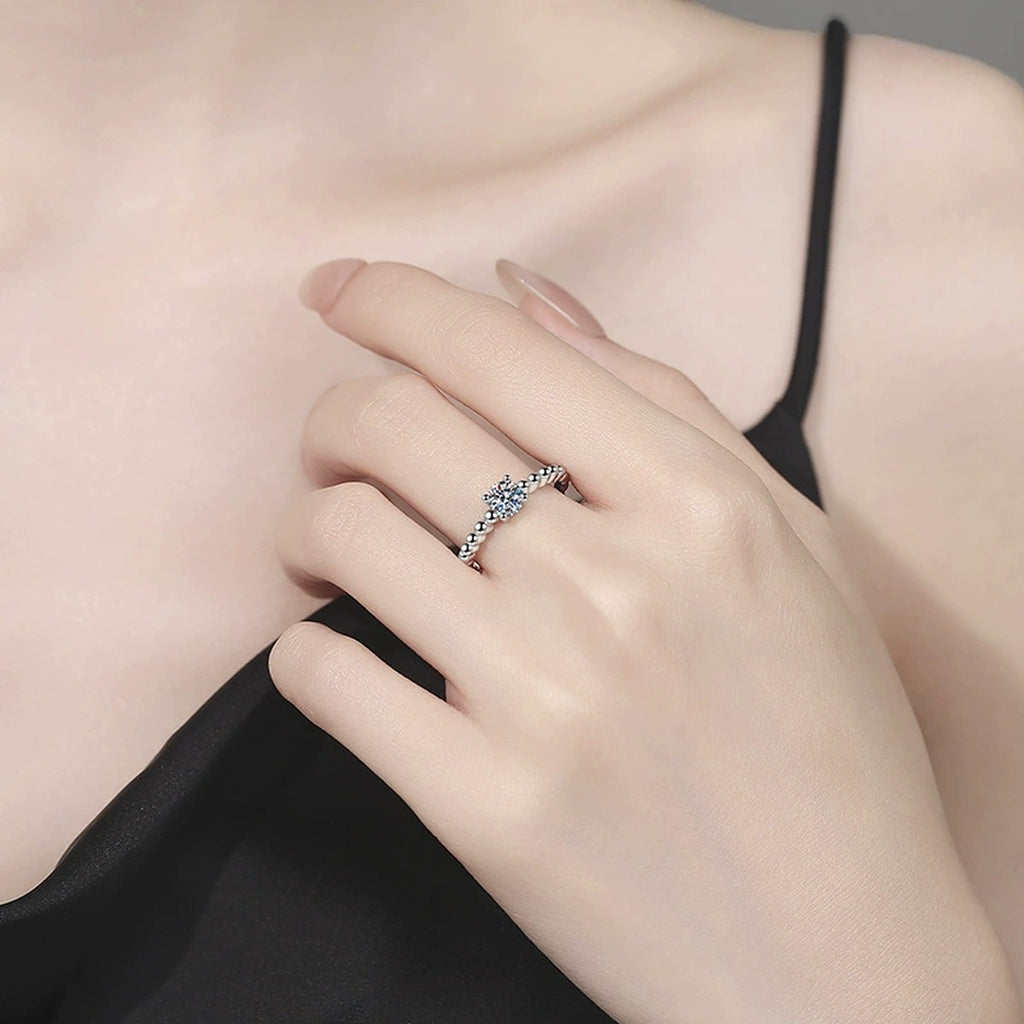 Beaded Moissanite Band Ring in White Gold-Plated S925 Sterling Silver worn by model