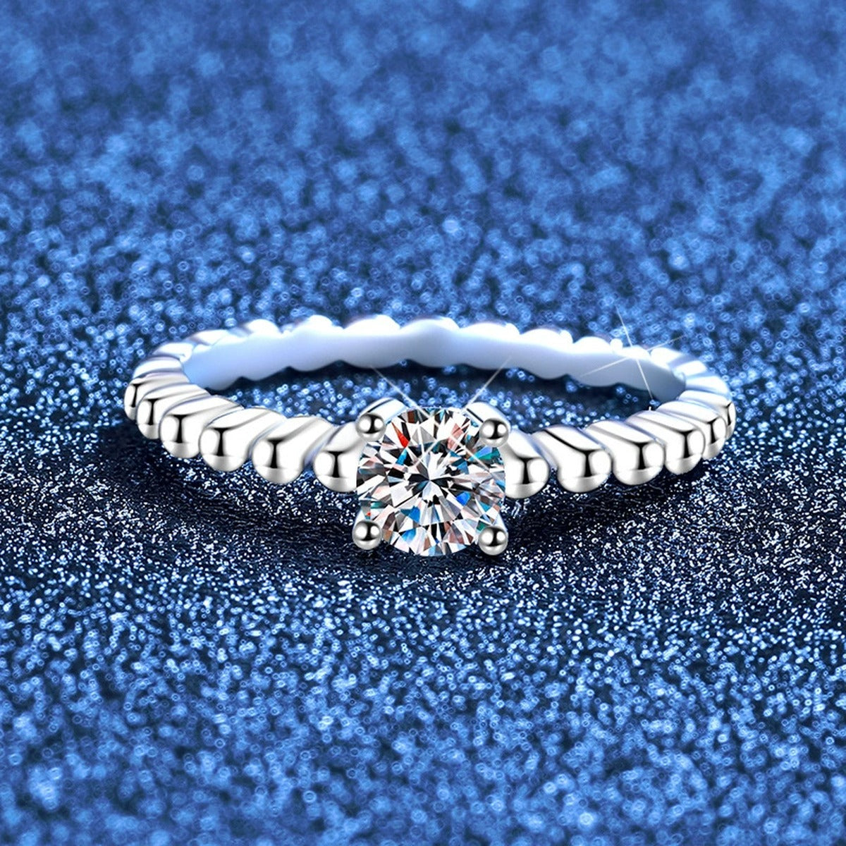 Beaded Moissanite Band Ring in White Gold-Plated S925 Sterling Silver product detail view