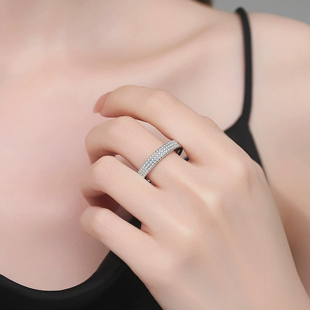 Full Eternity Moissanite Band Ring in White Gold-Plated S925 Sterling Silver worn by model