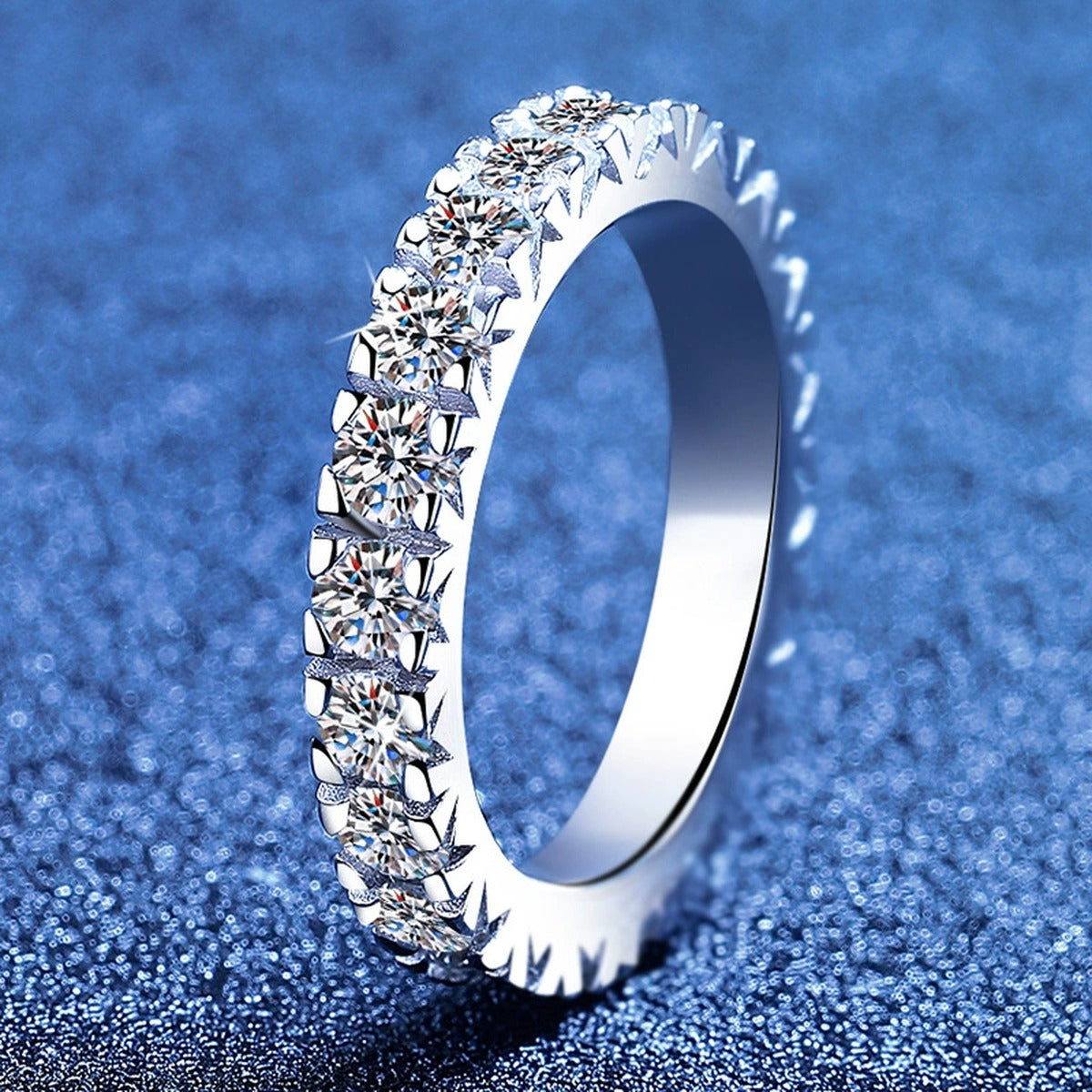 Full Eternity Round Moissanite Band Ring blue background product view