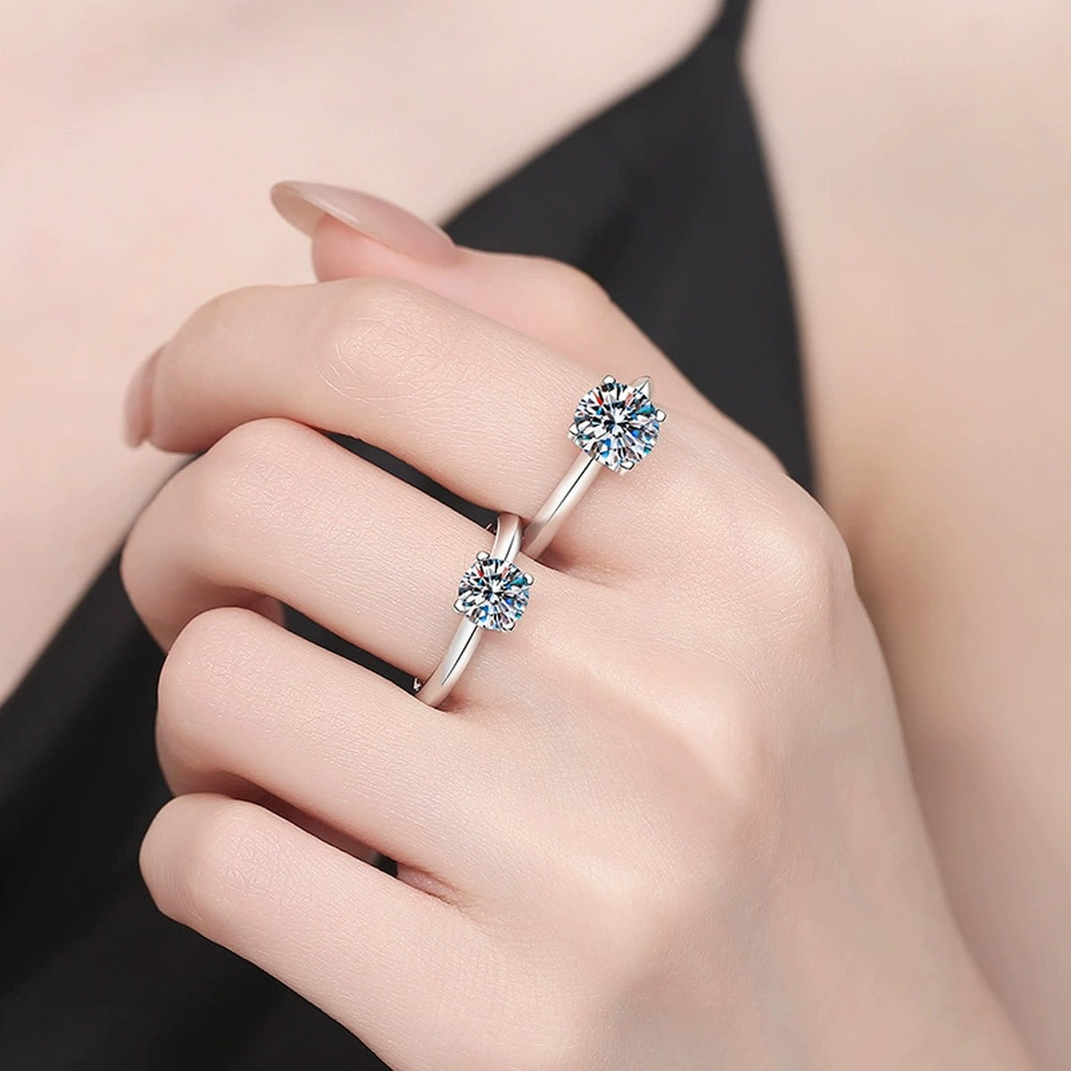 Round Moissanite Solitaire Ring in White Gold-Plated S925 Sterling Silver worn by model