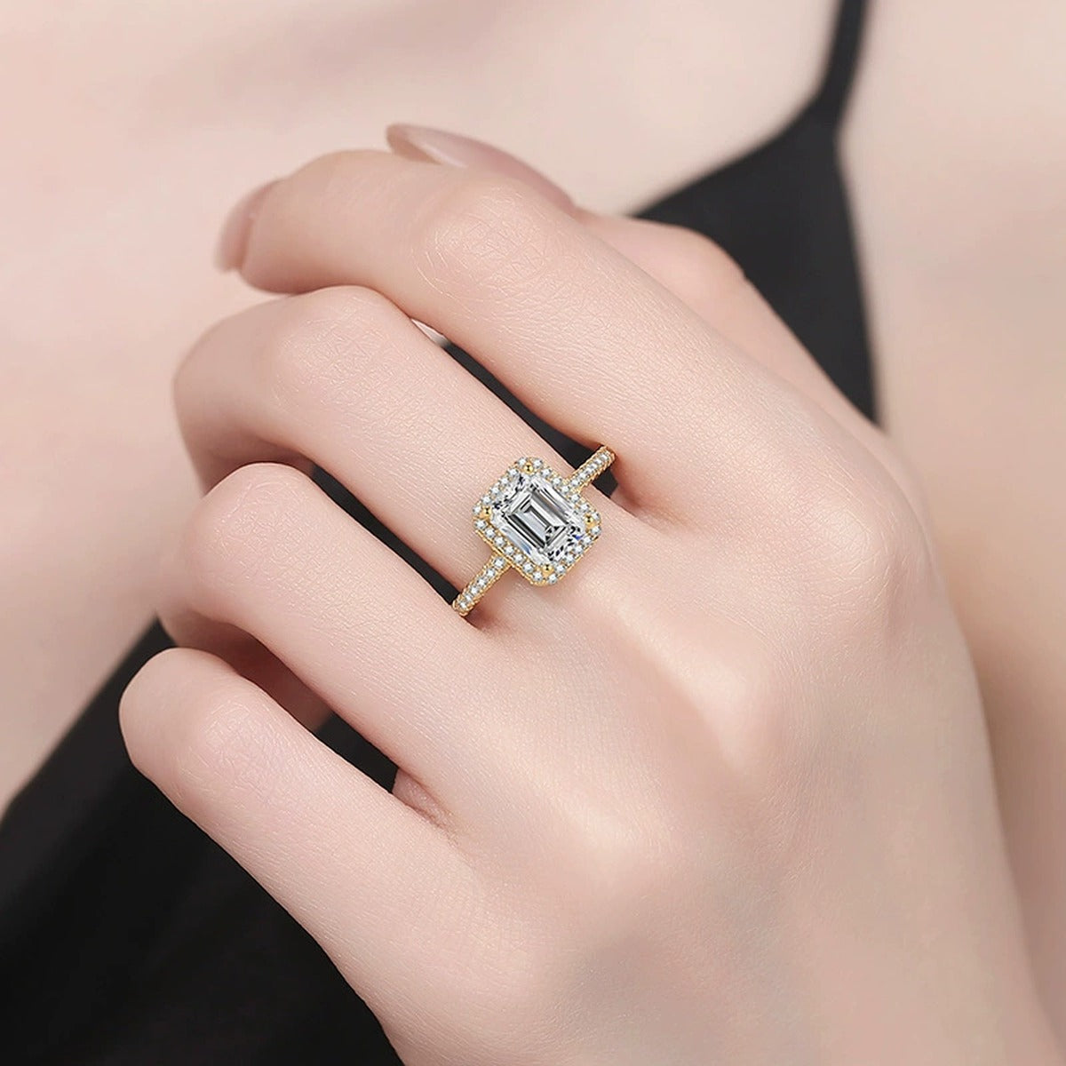 Emerald Cut Moissanite Ring with CZ in Yellow Gold-Plated S925 Sterling Silver worn by model