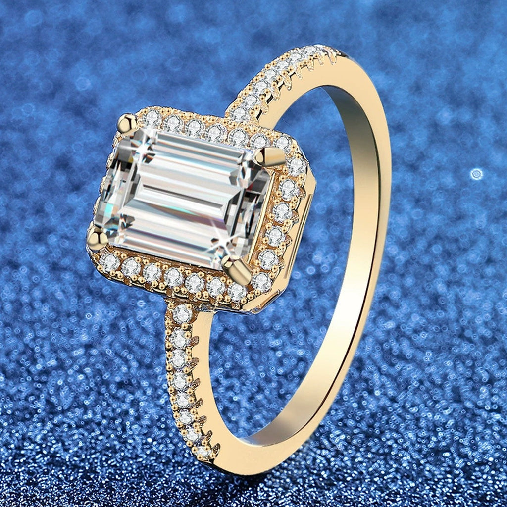 Emerald Cut Moissanite Ring with CZ in Yellow Gold-Plated S925 Sterling Silver product detail view