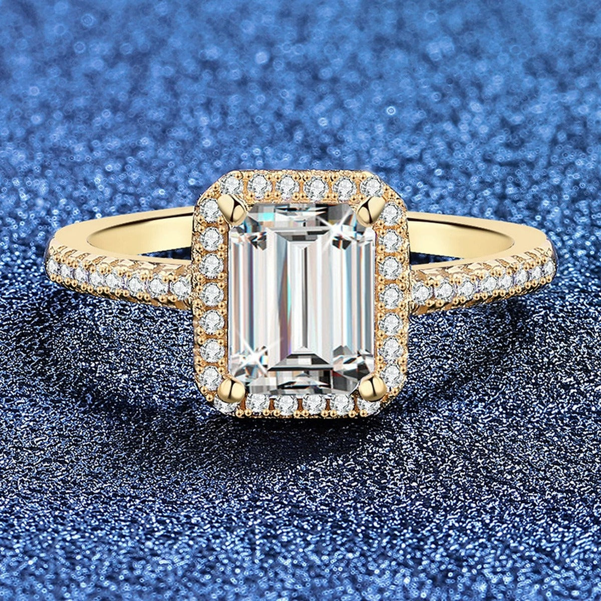 Emerald Cut Moissanite Ring with CZ in Yellow Gold-Plated S925 Sterling Silver product detail view