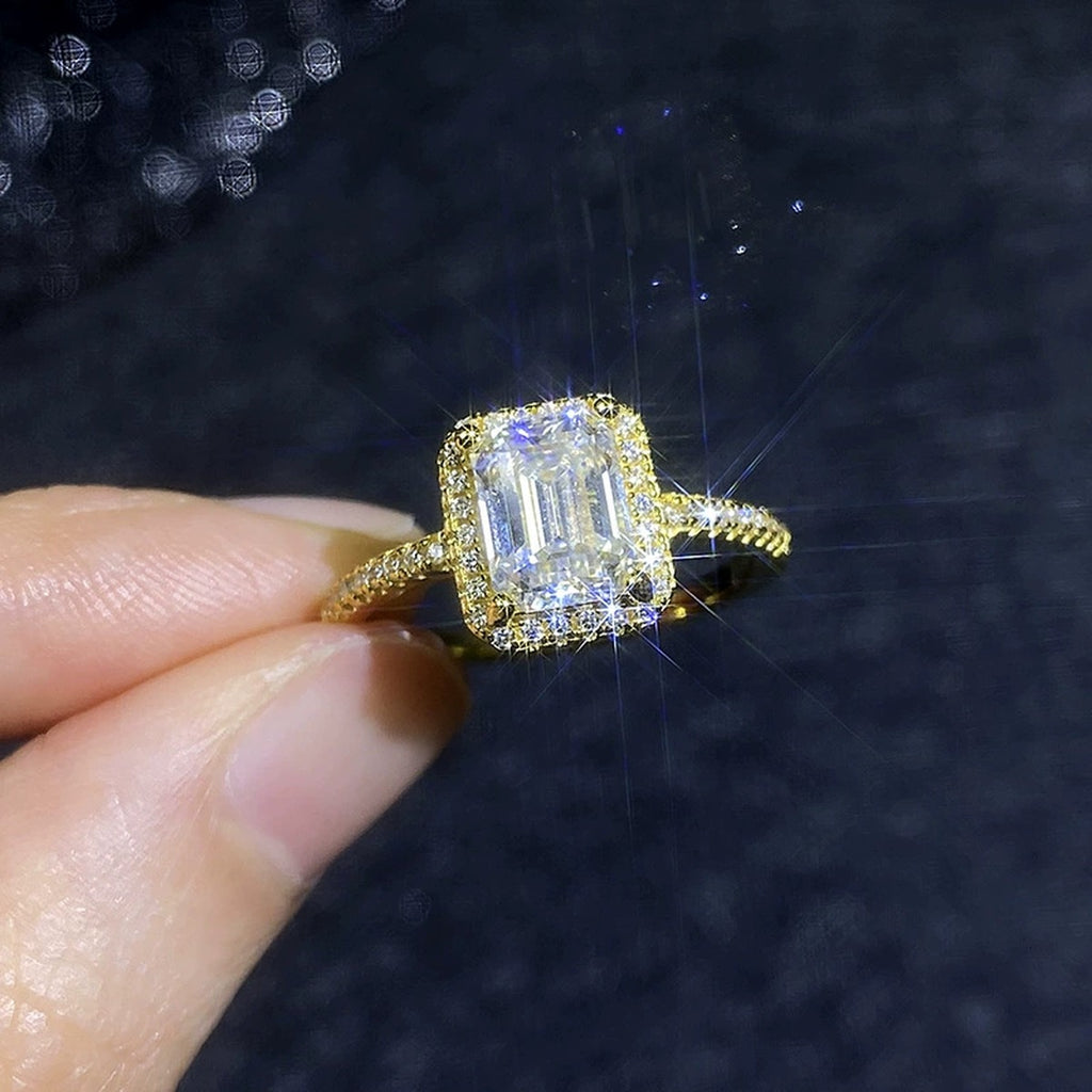 Emerald Cut Moissanite Ring with CZ in Yellow Gold-Plated S925 Sterling Silver product detail view