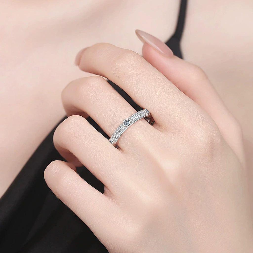 Moissanite Eternity Band Ring in White Gold-Plated S925 Sterling Silver worn by model