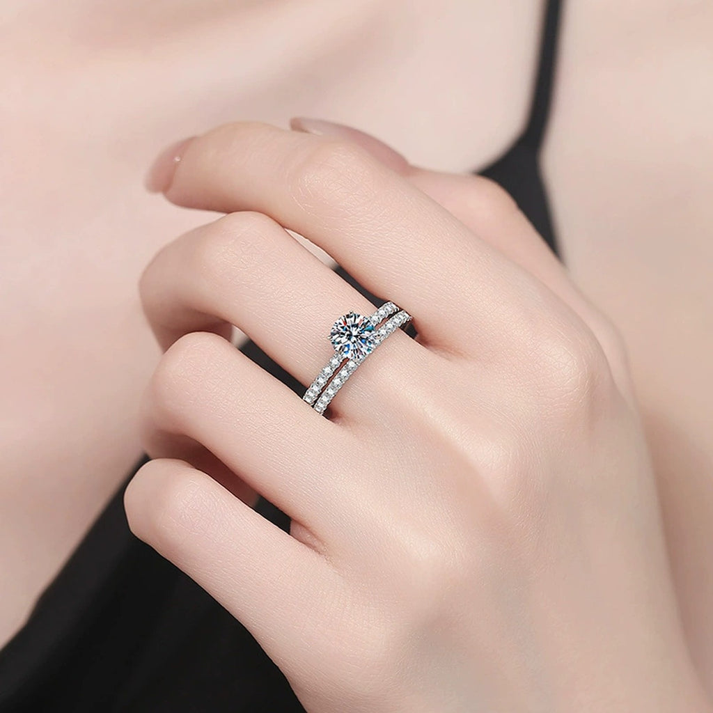 Stackable Moissanite Ring Set in White Gold-Plated S925 Sterling Silver worn by model