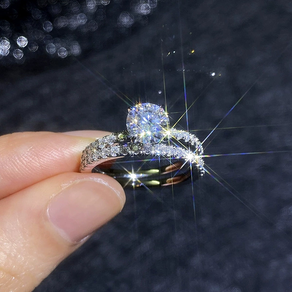 Stackable Moissanite Ring Set in White Gold-Plated S925 Sterling Silver product detail view