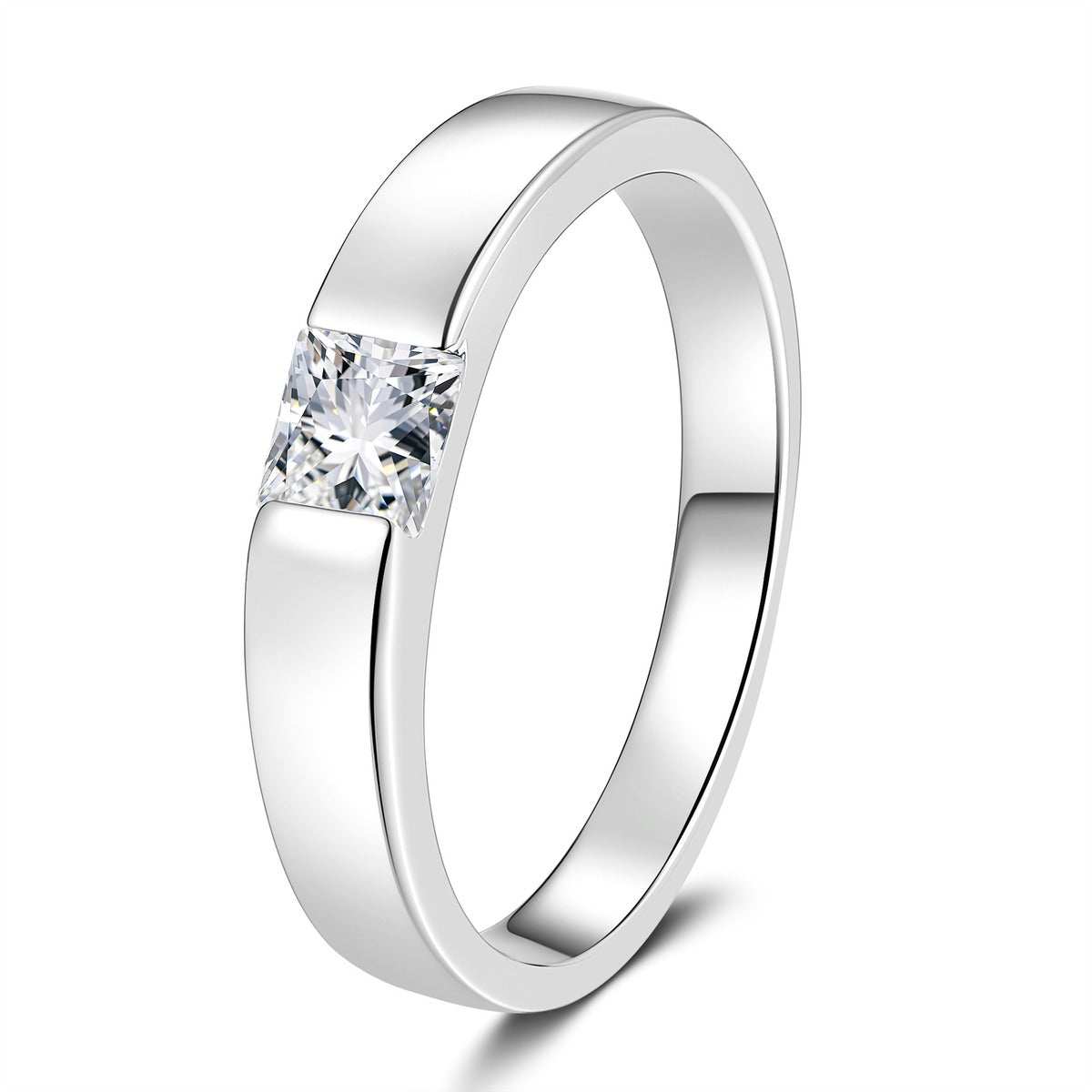 Round Moissanite Band Ring in White Gold-Plated S925 Sterling Silver white background product image