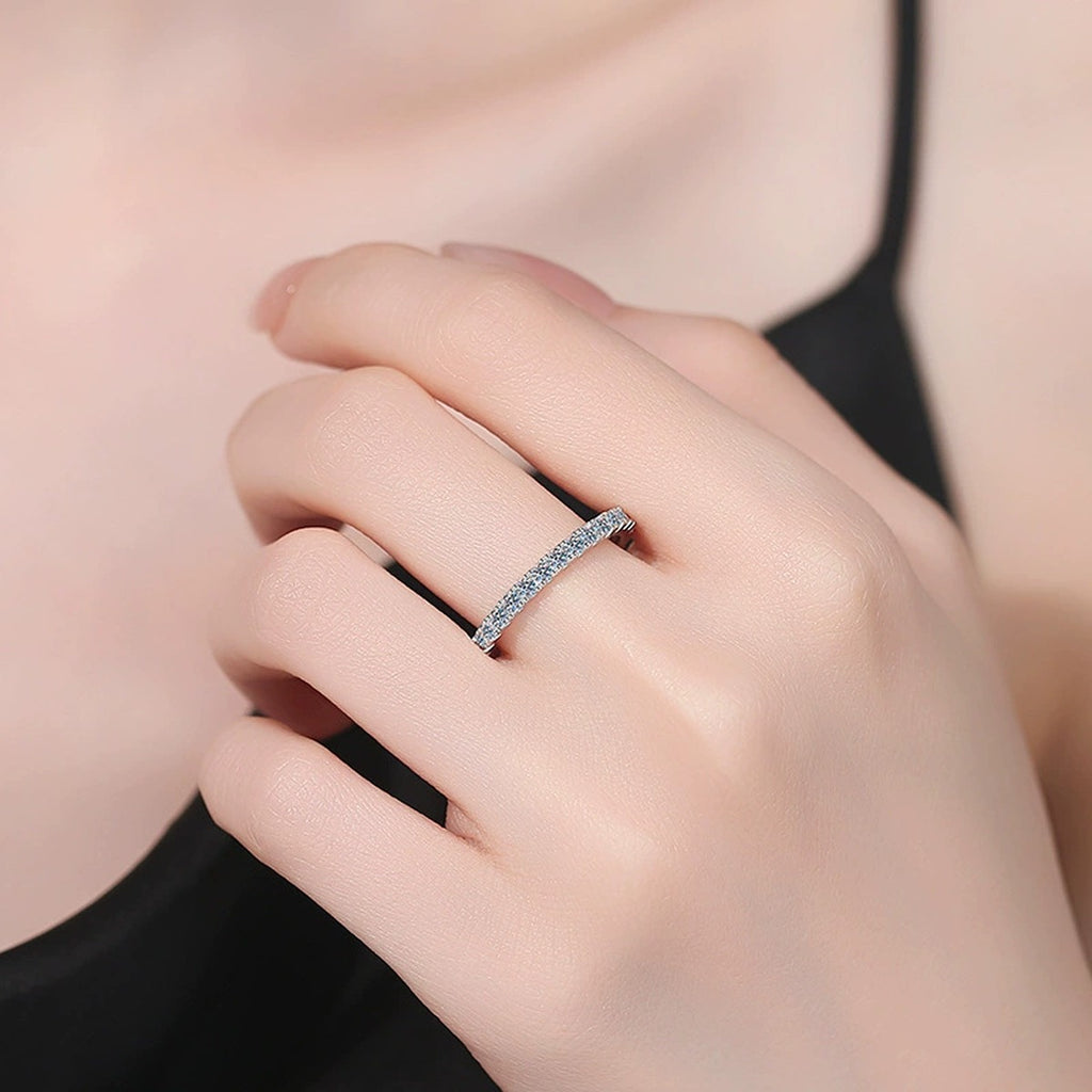 Moissanite Eternity Band Ring in White Gold-Plated S925 Sterling Silver worn by model