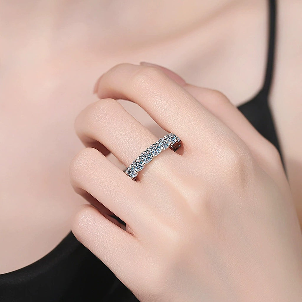 Wide Moissanite Eternity Band Ring in White Gold-Plated S925 Sterling Silver worn by model