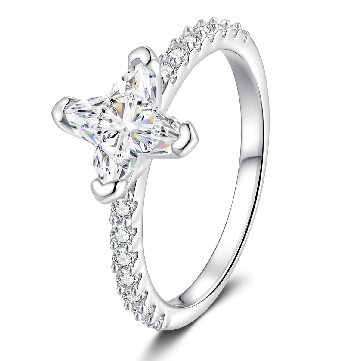 Floral Moissanite Ring with CZ in White Gold-Plated S925 Sterling Silver white background product image