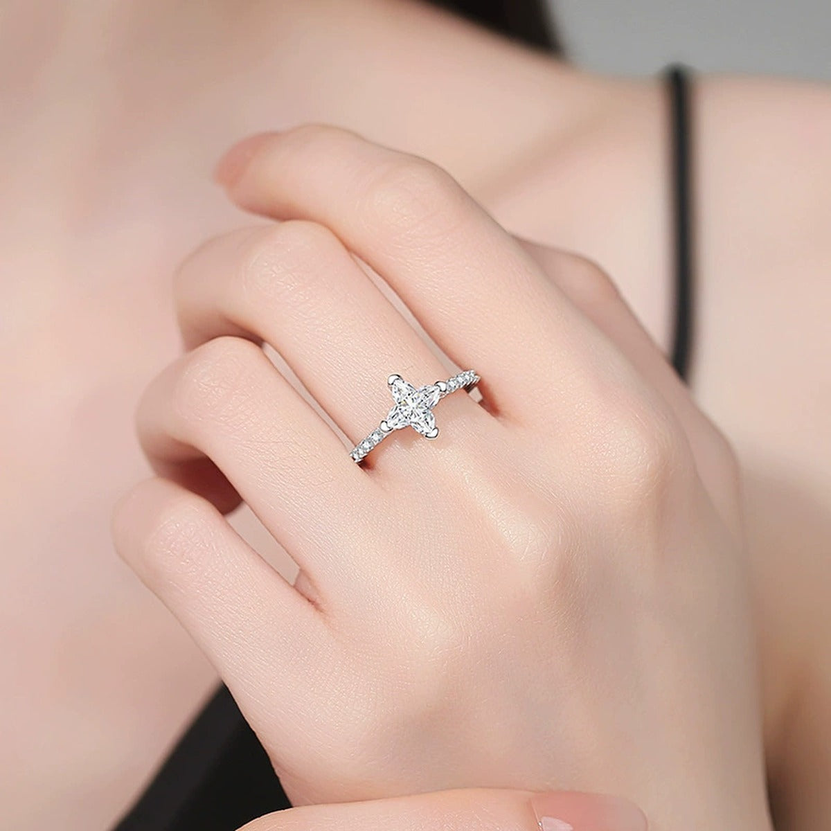 Floral Moissanite Ring with CZ in White Gold-Plated S925 Sterling Silver worn by model