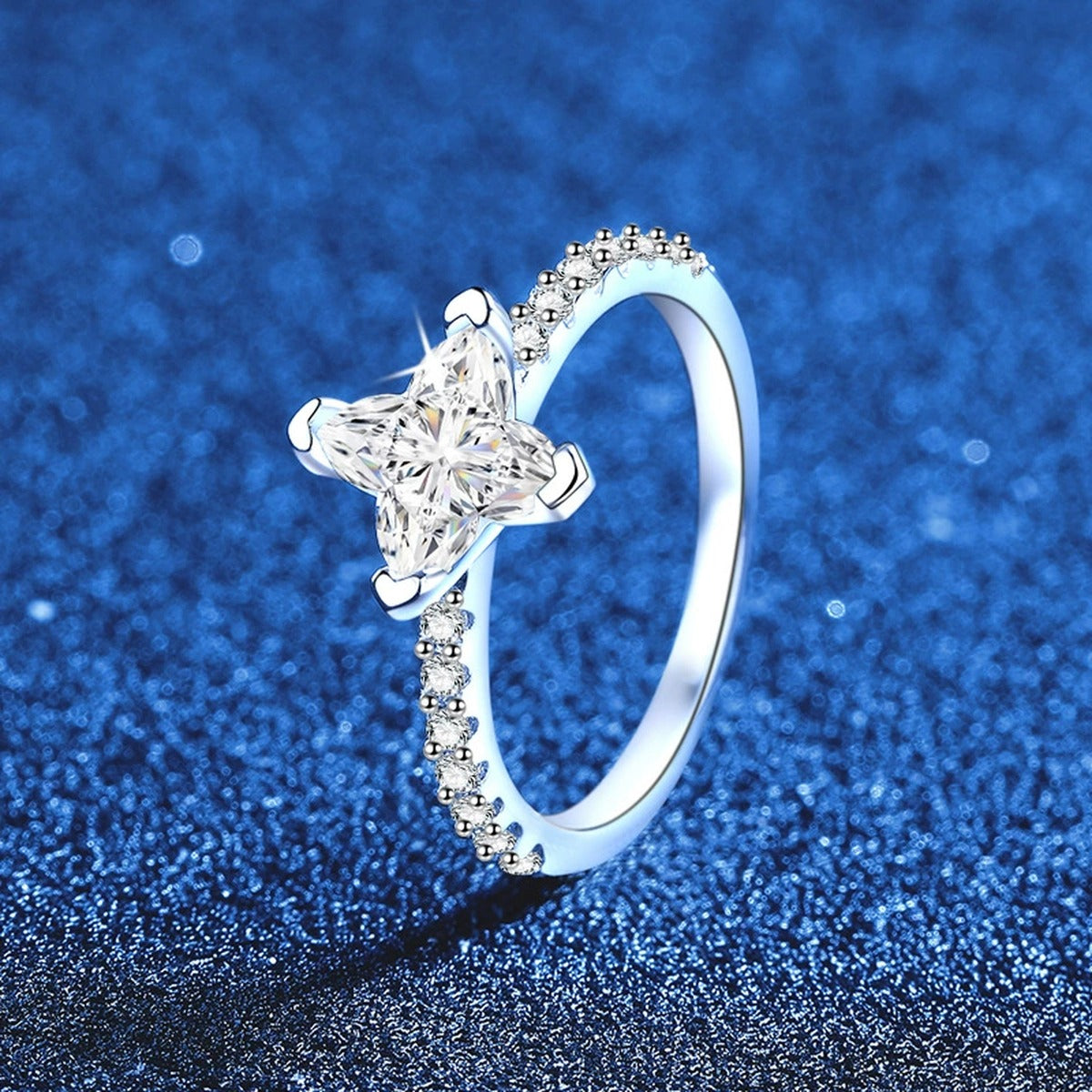 Floral Moissanite Ring with CZ in White Gold-Plated S925 Sterling Silver product detail view