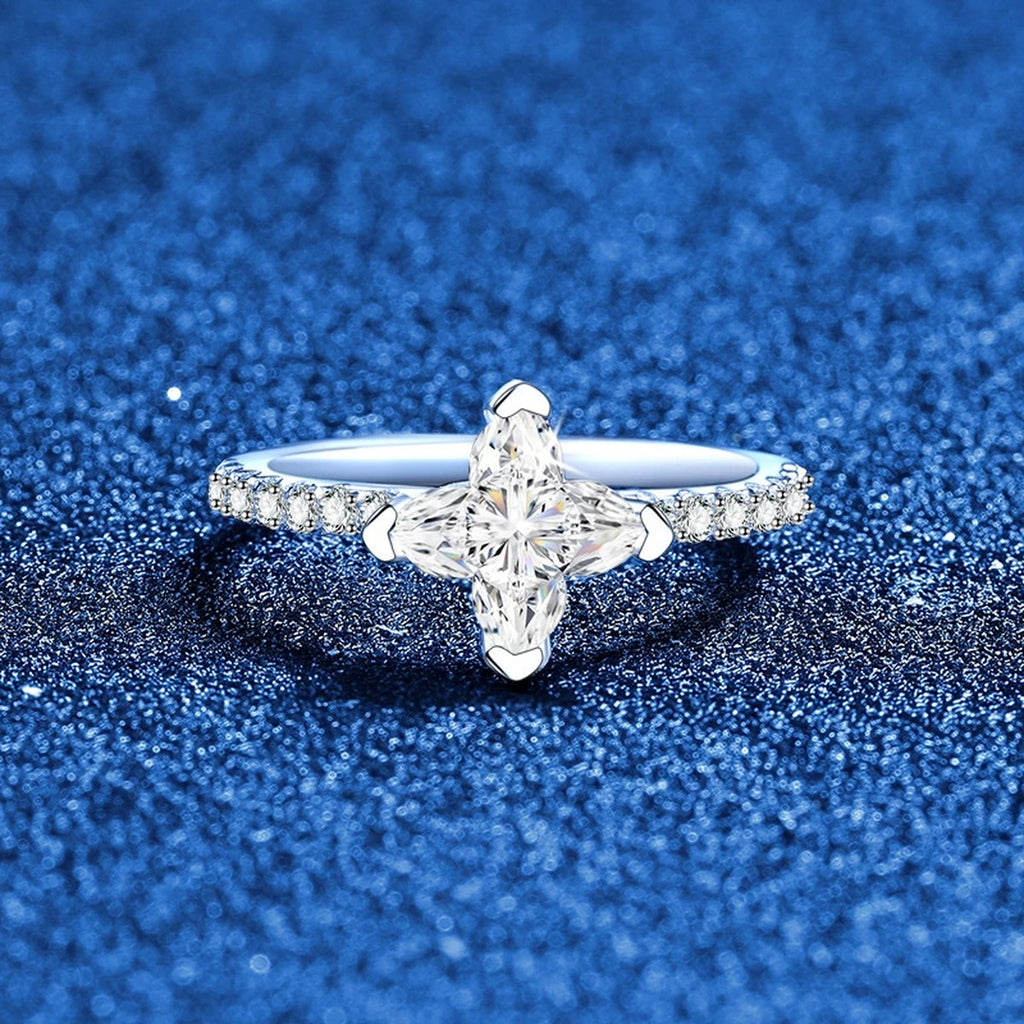Floral Moissanite Ring with CZ in White Gold-Plated S925 Sterling Silver product detail view