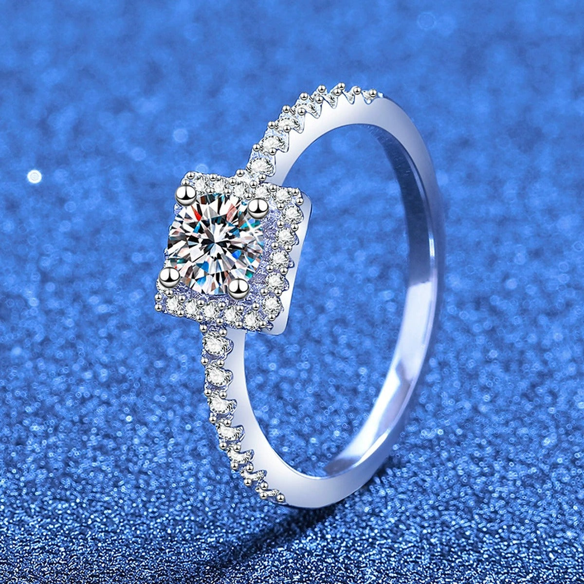 Cushion Halo Moissanite Engagement Ring with CZ blue background product view
