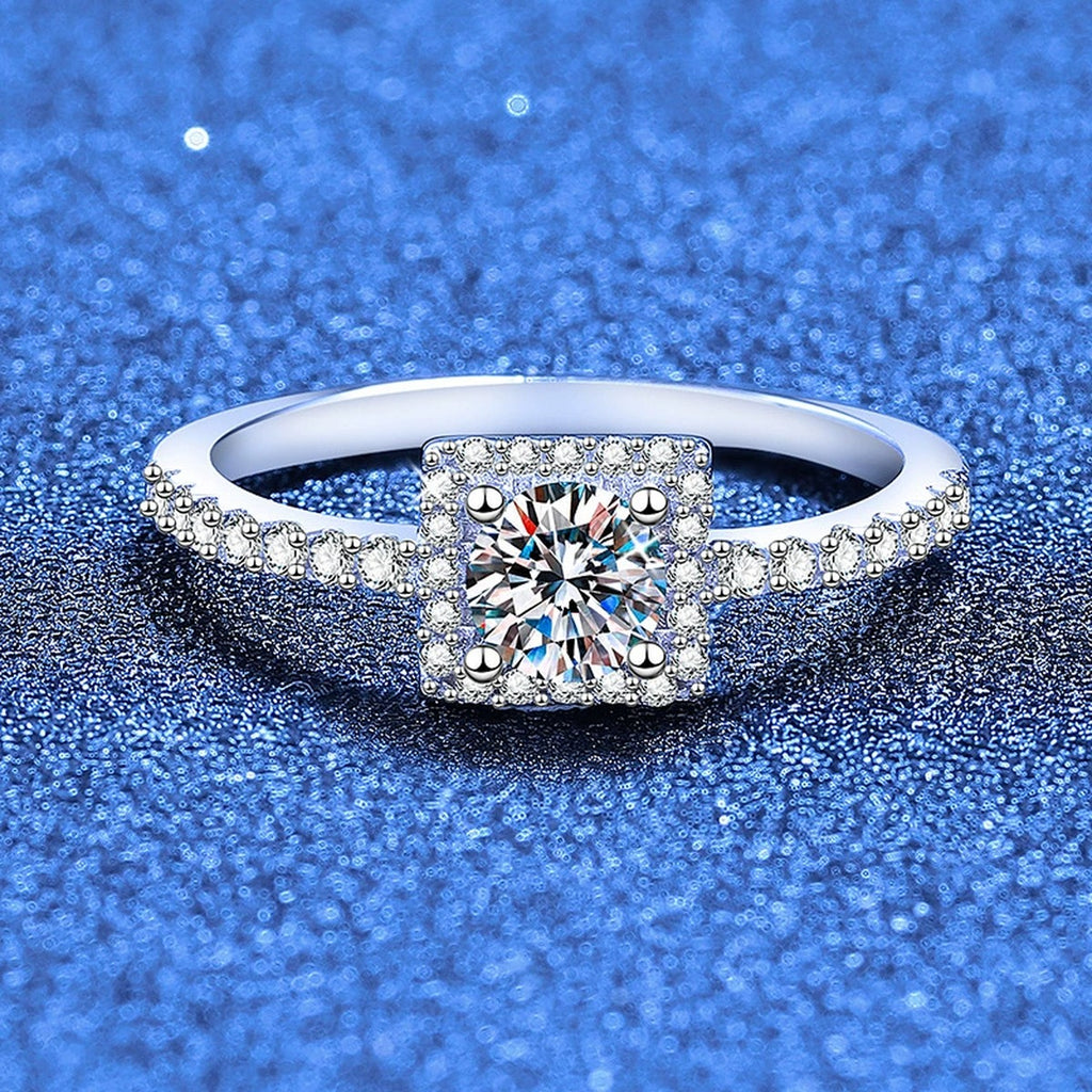 Cushion Halo Moissanite Engagement Ring with CZ blue background product view