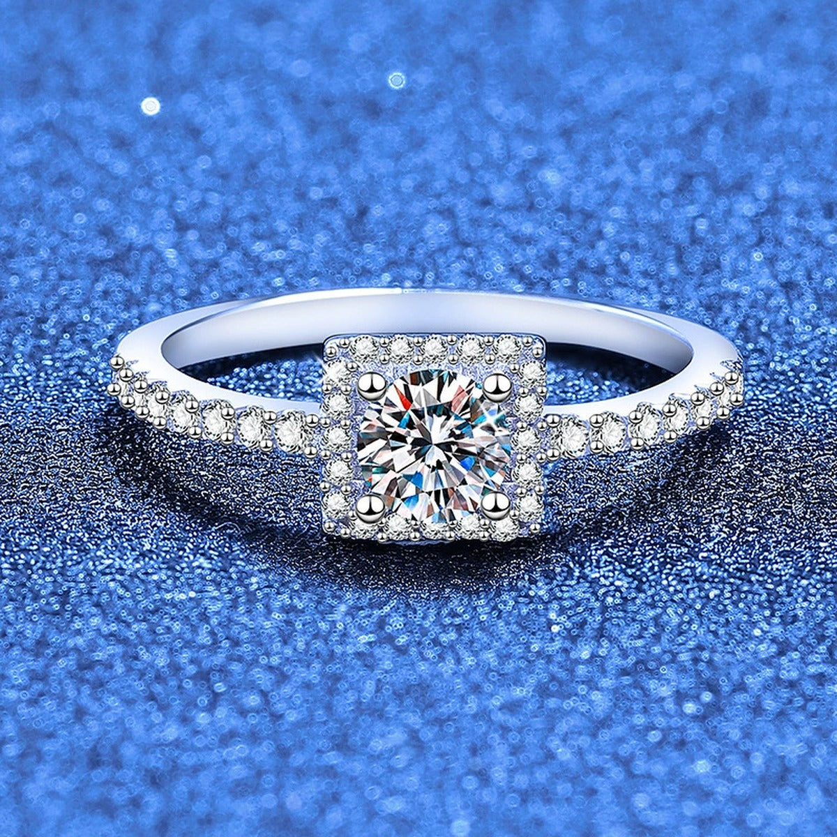 Cushion Halo Moissanite Engagement Ring with CZ blue background product view
