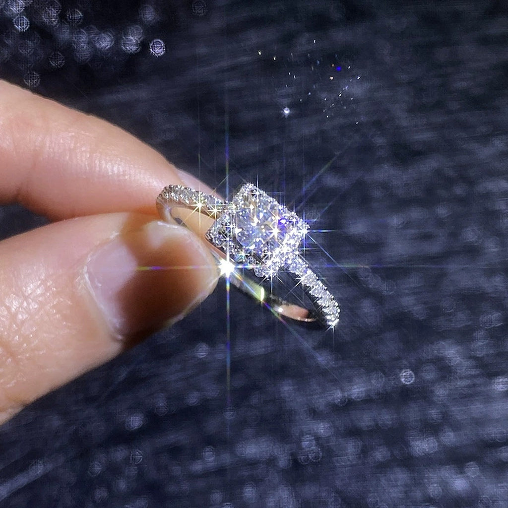 Cushion Halo Moissanite Engagement Ring with CZ close-up product detail view