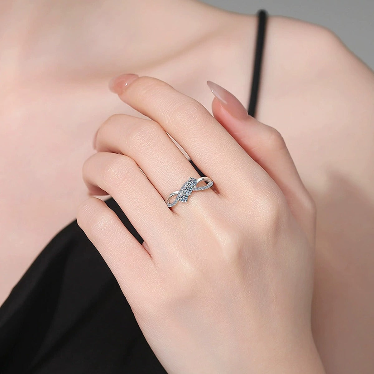 Open Moissanite Ring with CZ in White Gold-Plated S925 Sterling Silver worn by model