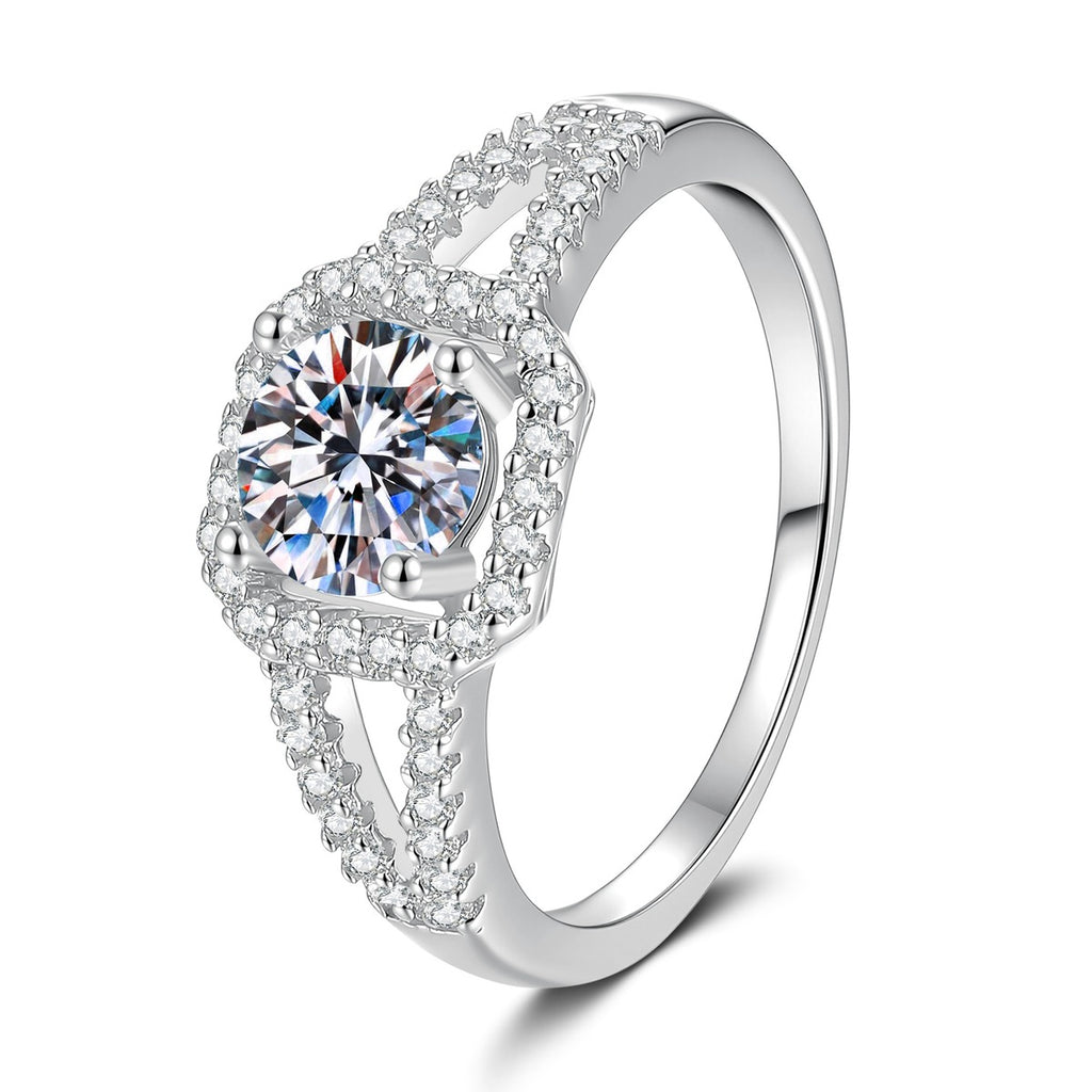 Round Halo Moissanite Ring with CZ in White Gold-Plated S925 Sterling Silver white background product image