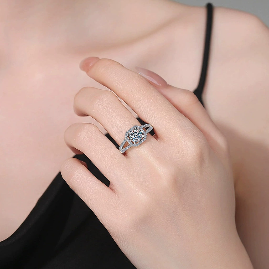 Round Halo Moissanite Ring with CZ in White Gold-Plated S925 Sterling Silver worn by model