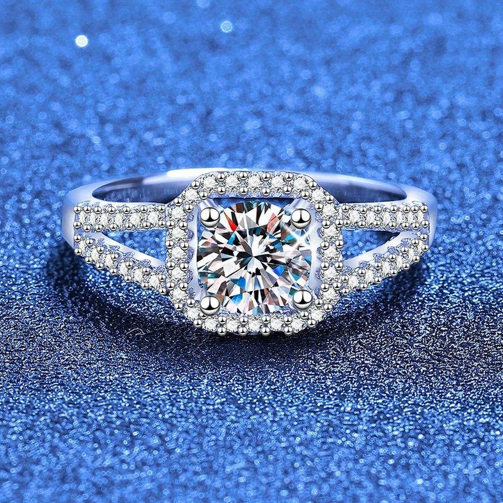 Round Halo Moissanite Ring with CZ in White Gold-Plated S925 Sterling Silver product detail view
