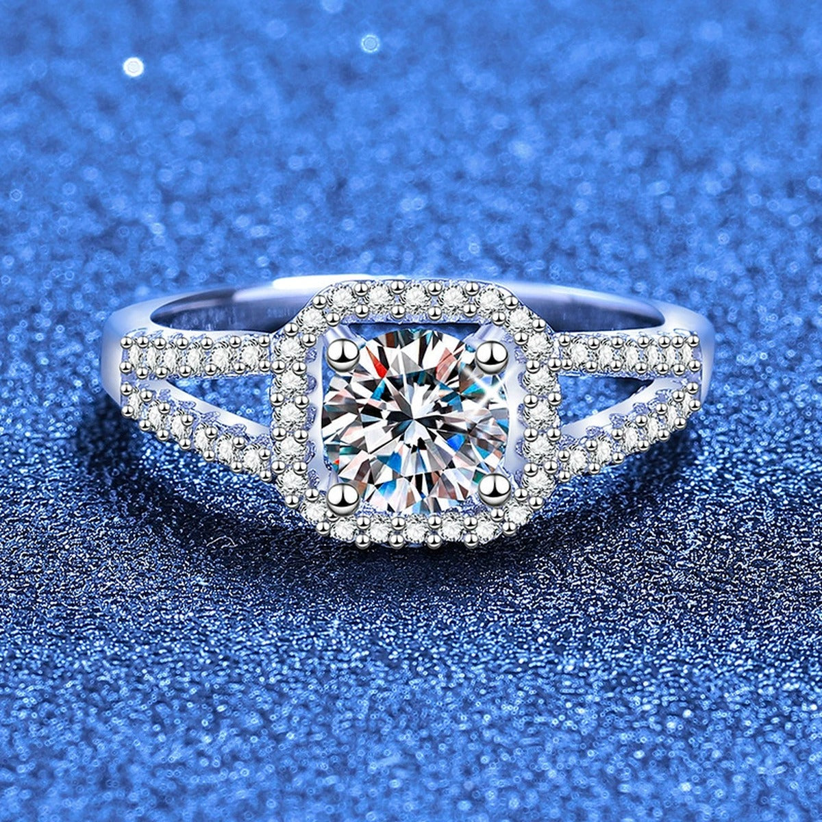 Round Halo Moissanite Ring with CZ in White Gold-Plated S925 Sterling Silver product detail view