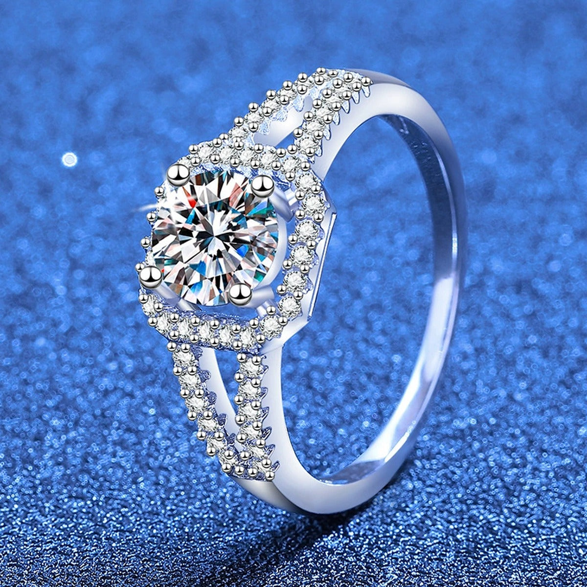 Round Halo Moissanite Ring with CZ in White Gold-Plated S925 Sterling Silver product detail view