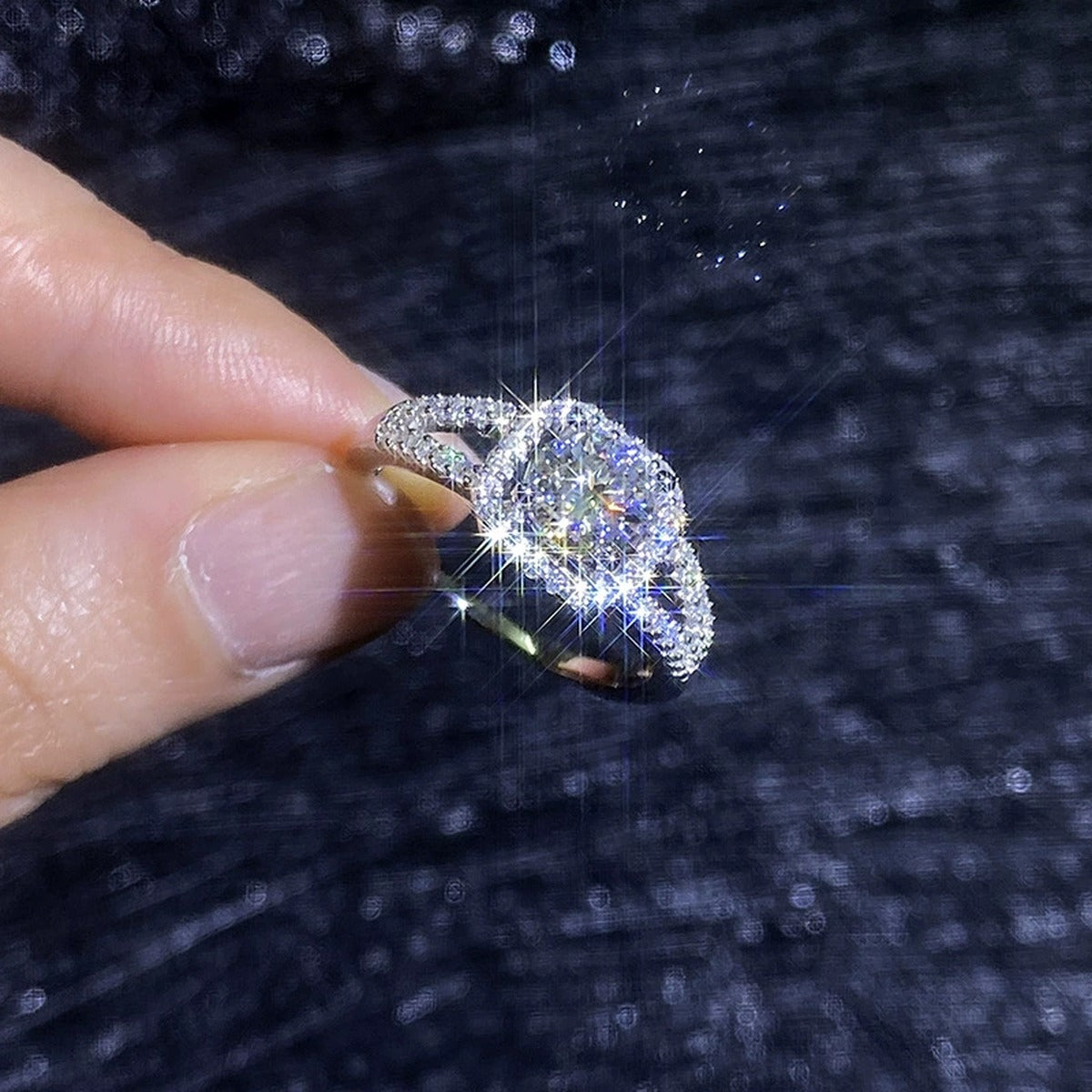 Round Halo Moissanite Ring with CZ in White Gold-Plated S925 Sterling Silver product detail view