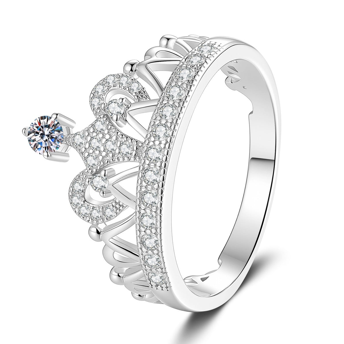 Crown Moissanite Ring with CZ in White Gold-Plated S925 Sterling Silver white background product image