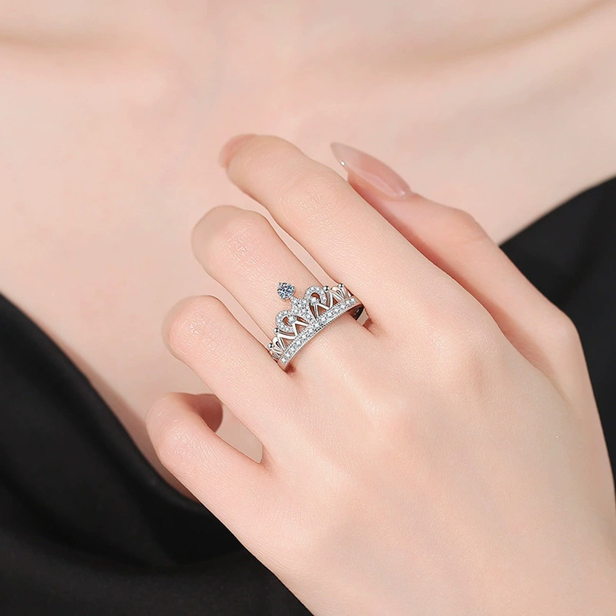 Crown Moissanite Ring with CZ in White Gold-Plated S925 Sterling Silver worn by model