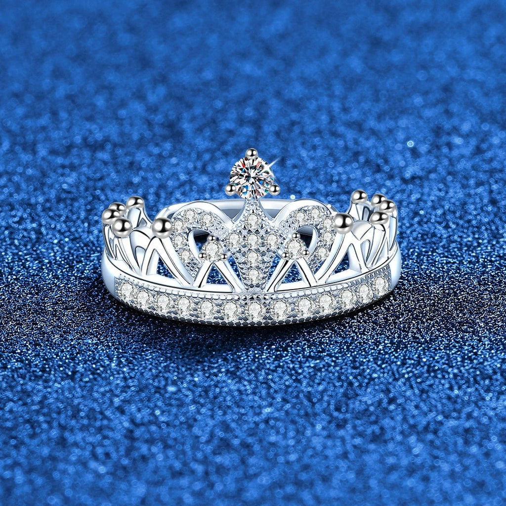 Crown Moissanite Ring with CZ in White Gold-Plated S925 Sterling Silver product detail view