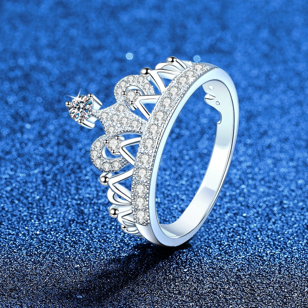 Crown Moissanite Ring with CZ in White Gold-Plated S925 Sterling Silver product detail view