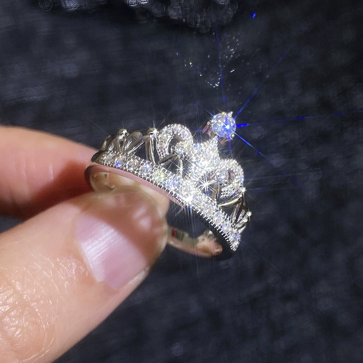Crown Moissanite Ring with CZ in White Gold-Plated S925 Sterling Silver product detail view