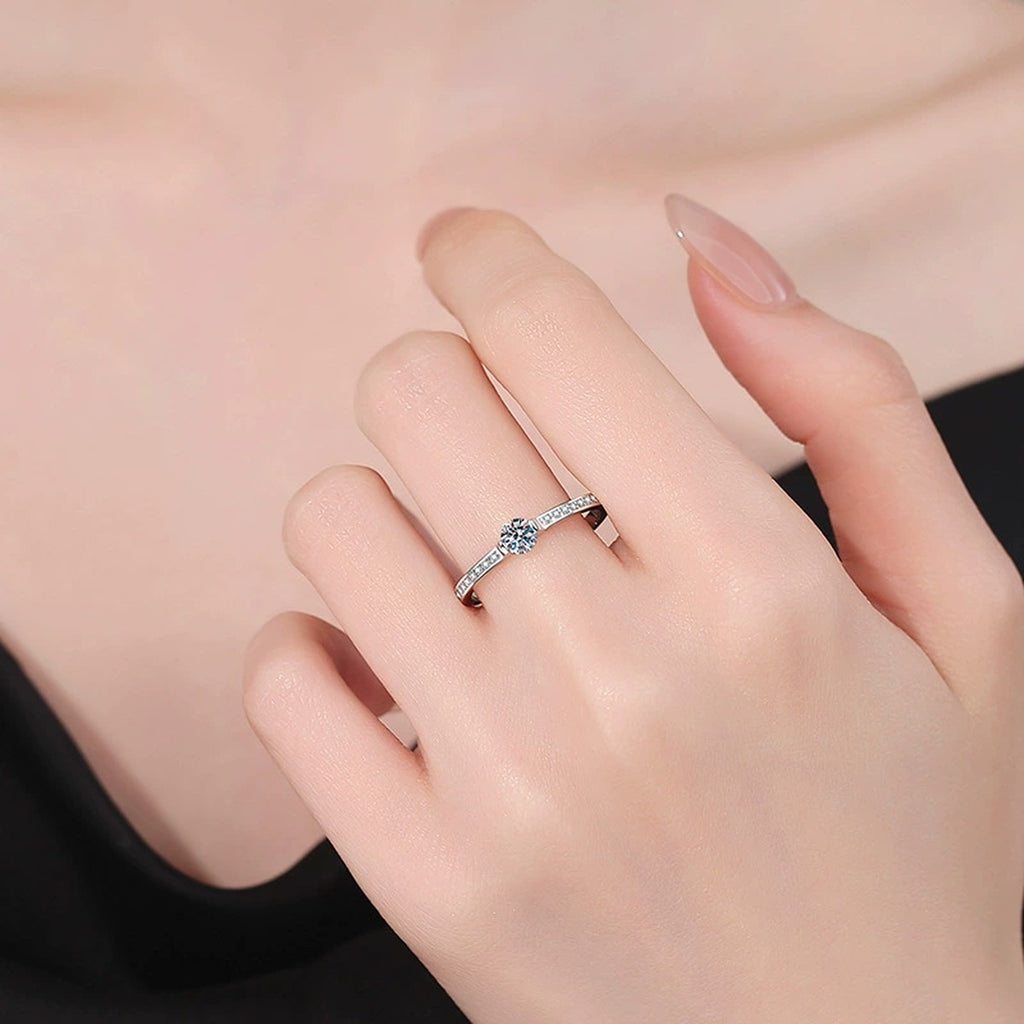Slim Moissanite Ring with CZ in White Gold-Plated S925 Sterling Silver worn by model
