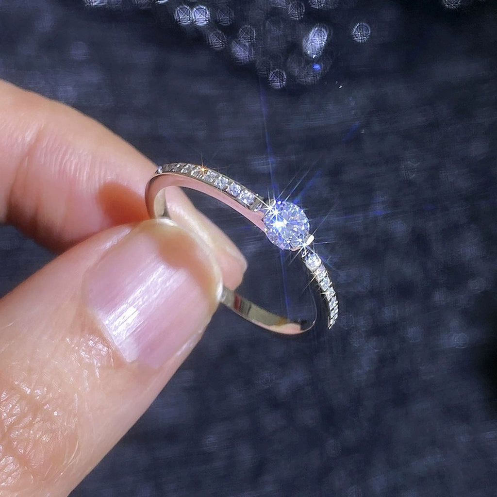 Slim Moissanite Ring with CZ in White Gold-Plated S925 Sterling Silver worn by model
