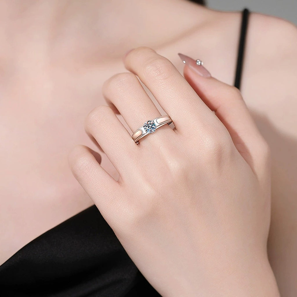 Round Moissanite Band Ring in White Gold-Plated S925 Sterling Silver worn by model