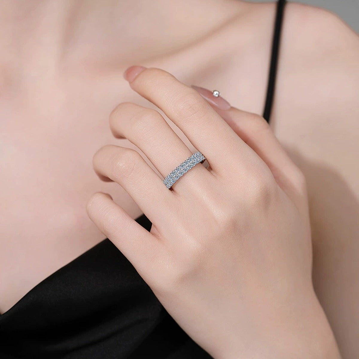 Wide Moissanite Eternity Band Ring in White Gold-Plated S925 Sterling Silver worn by model