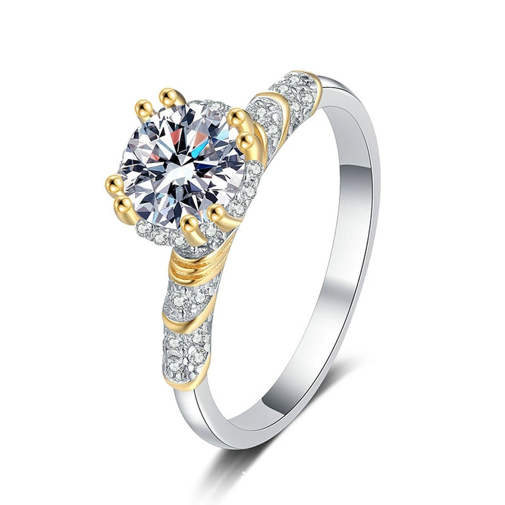 Two-Tone Round Moissanite Ring with CZ in Gold-Plated S925 Sterling Silver white background product image