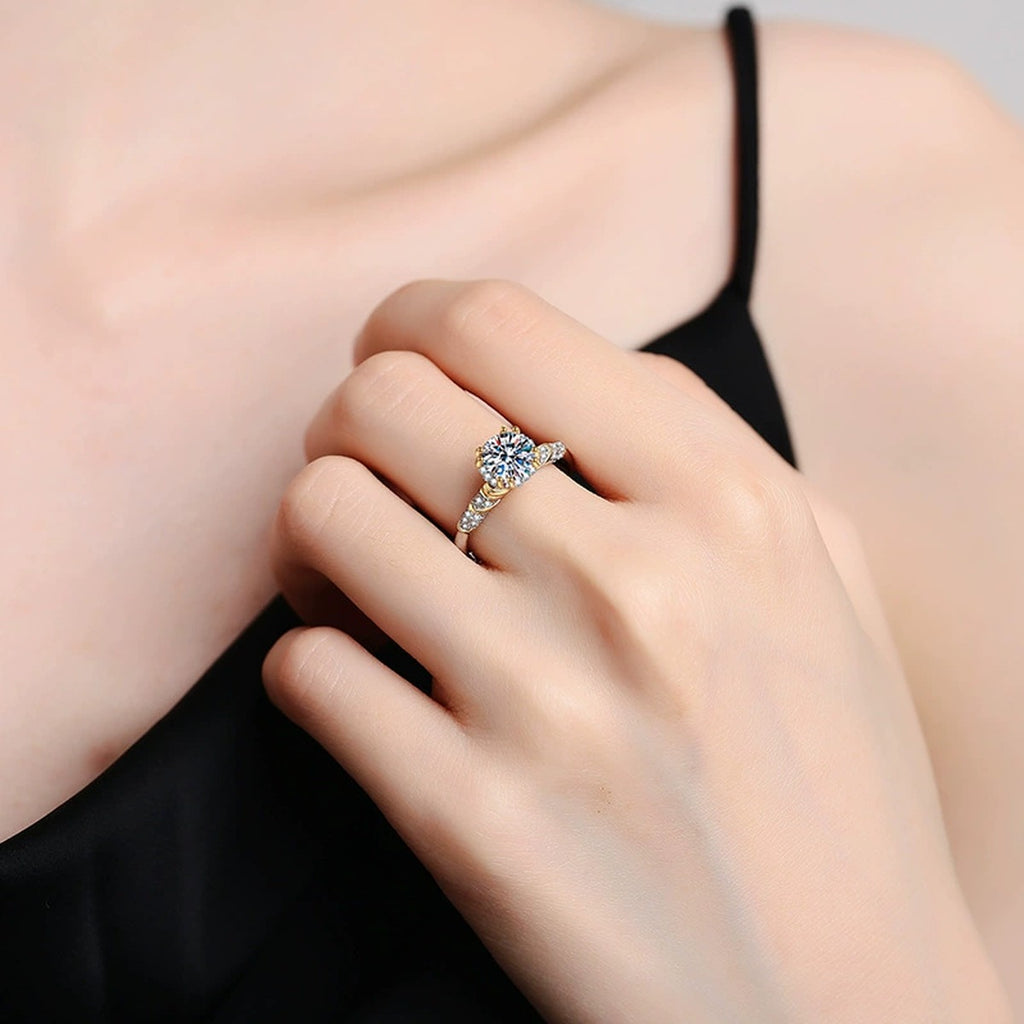 Two-Tone Round Moissanite Ring with CZ in Gold-Plated S925 Sterling Silver worn by model