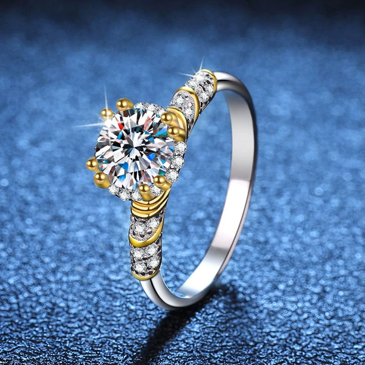 Two-Tone Round Moissanite Ring with CZ in Gold-Plated S925 Sterling Silver product detail view
