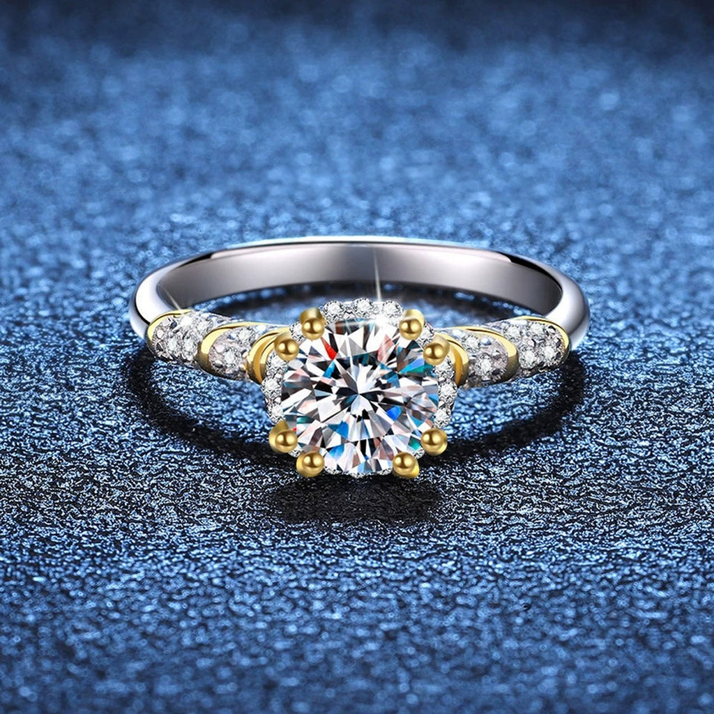 Two-Tone Round Moissanite Ring with CZ in Gold-Plated S925 Sterling Silver product detail view