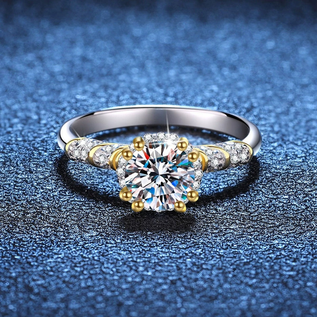 Two-Tone Round Moissanite Ring with CZ in Gold-Plated S925 Sterling Silver product detail view