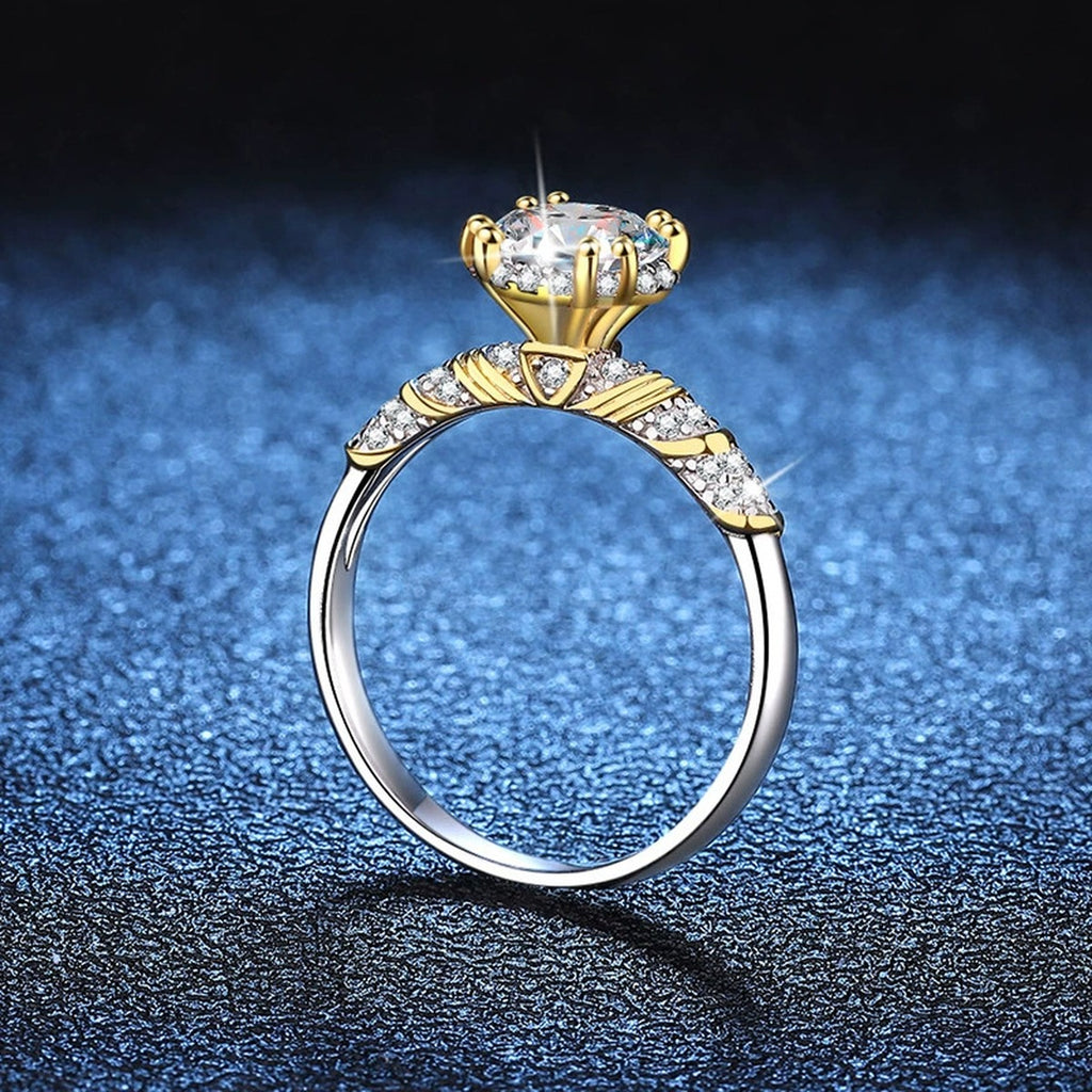 Two-Tone Round Moissanite Ring with CZ in Gold-Plated S925 Sterling Silver product detail view
